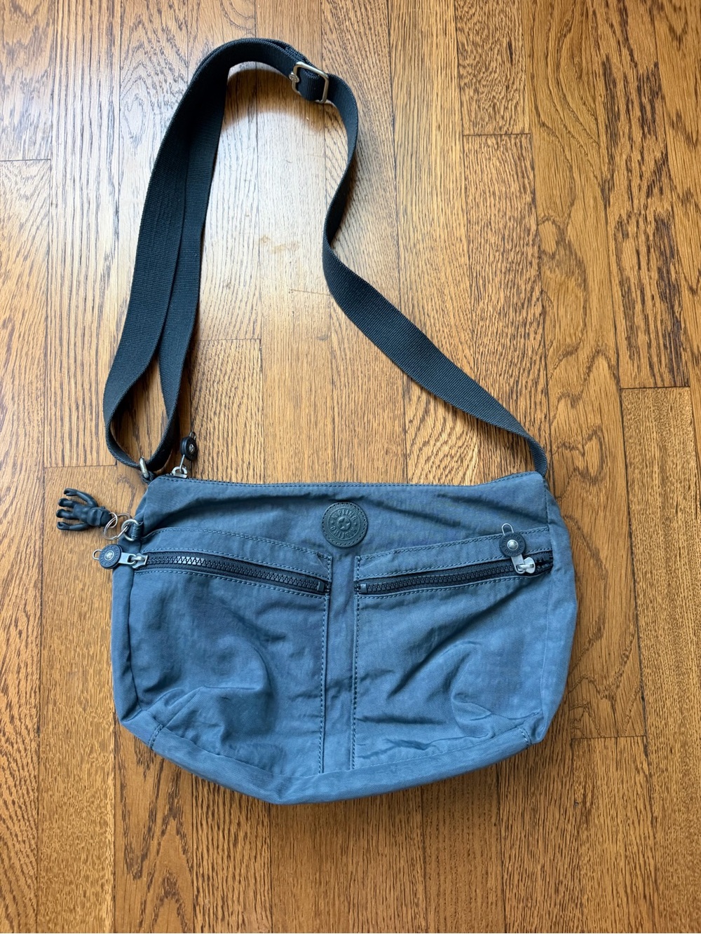 Kipling Blue Gray Nylon Crossbody Bag w/ Monkey Charm Y2K